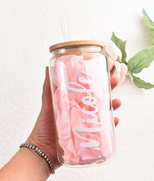 Personalized Iced Coffee Cup Glass Can Soda Cup with Lid and Straw Gifts for Women, Friends, Bridesmaids Personalized Glass Cup