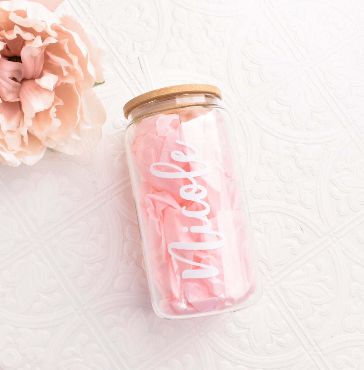 Personalized Iced Coffee Cup Glass Can Soda Cup with Lid and Straw Gifts for Women, Friends, Bridesmaids Personalized Glass Cup