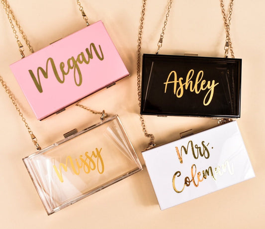 Personalized Acrylic Clutch for Bride | Bride Purse | Bridesmaid Gifts | Custom Wedding Gifts | Bachelorette Party Favors