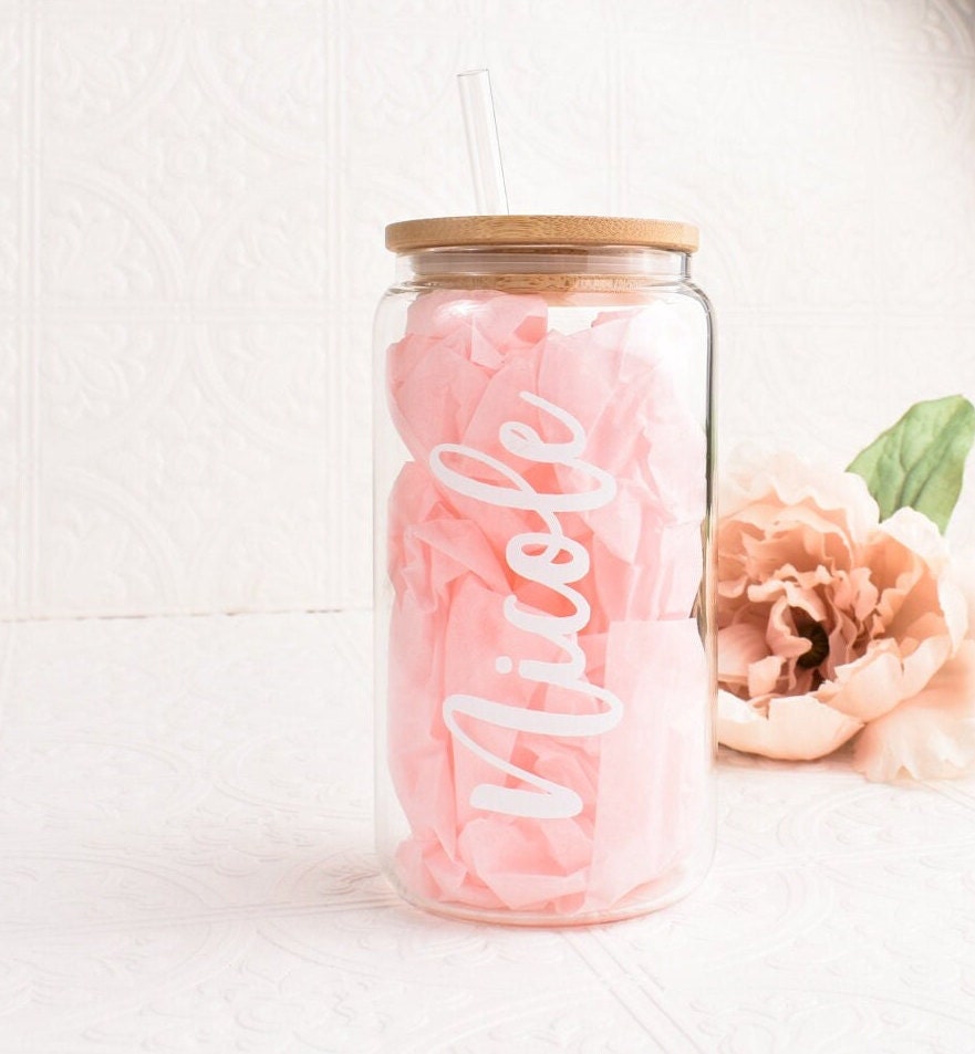 Personalized Iced Coffee Cup Glass Can Soda Cup with Lid and Straw Gifts for Women, Friends, Bridesmaids Personalized Glass Cup