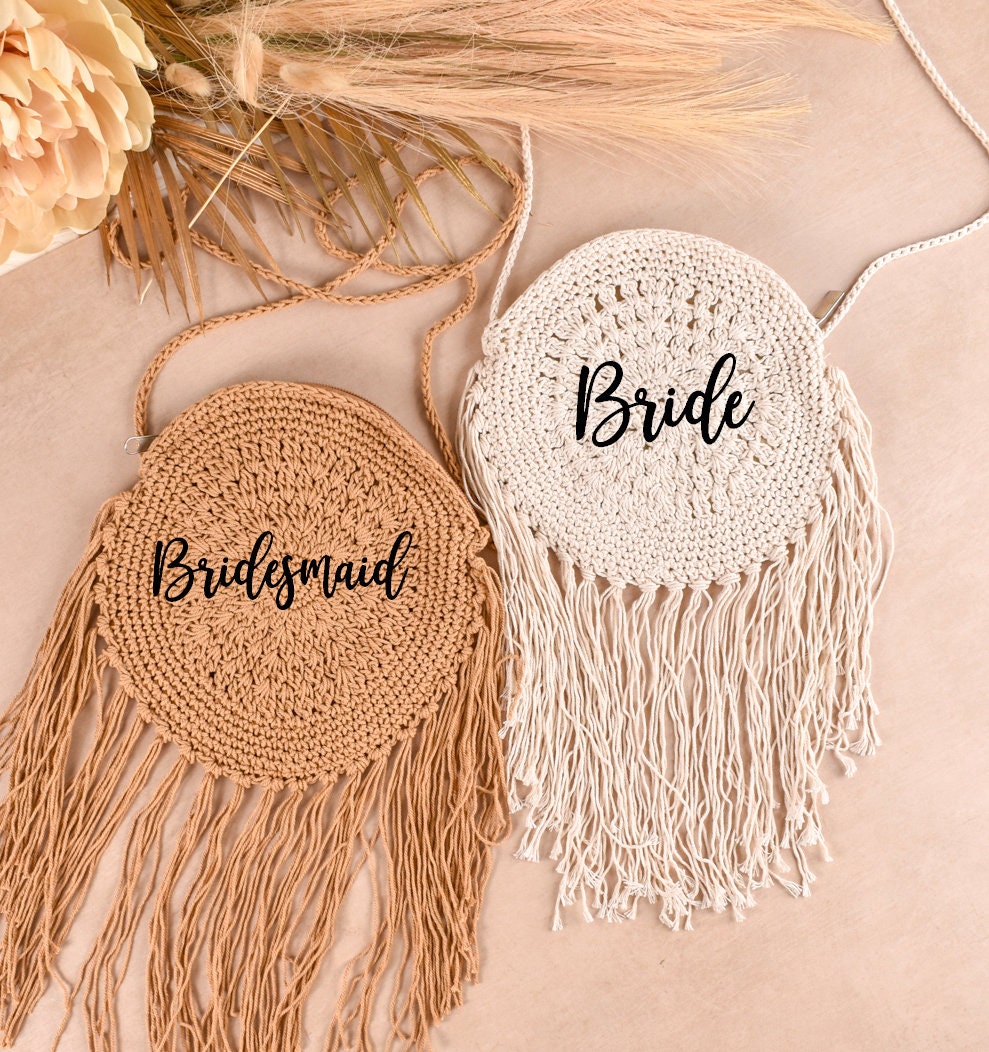 Bride Beach Bag Boho Bride Gift Macrame Bag Crochet Bag Bride & Babe Bachelorette Party Gift Bags Personalized Bride Tote  Bridesmaid Gifts